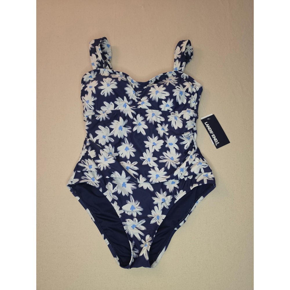 Lands End Shirred Bandeau One Piece Swimsuit Dark Blue/White Small NWT